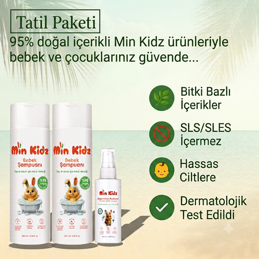 Min Kidz Tatil Paketi - 2'li Şampuan ve Sinek ve Kene Kovucu Nemlendiricili Sprey Losyon
