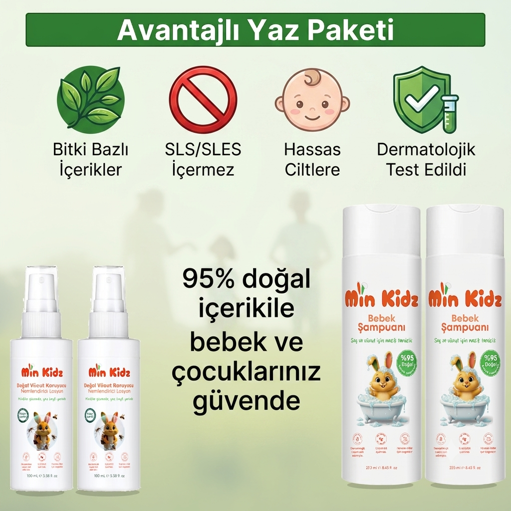 Min Kidz Ekonomik Yaz Paketi - 2'li Sivrisinek ve Kene Kovucu Nemlendiricili Sprey Losyon ve 2'li Şampuan