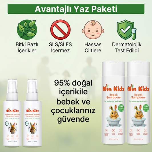 Min Kidz Ekonomik Yaz Paketi - 2'li Sivrisinek ve Kene Kovucu Nemlendiricili Sprey Losyon ve 2'li Şampuan